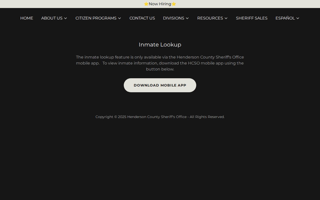 Henderson County Sheriff inmate lookup page with mobile app direction