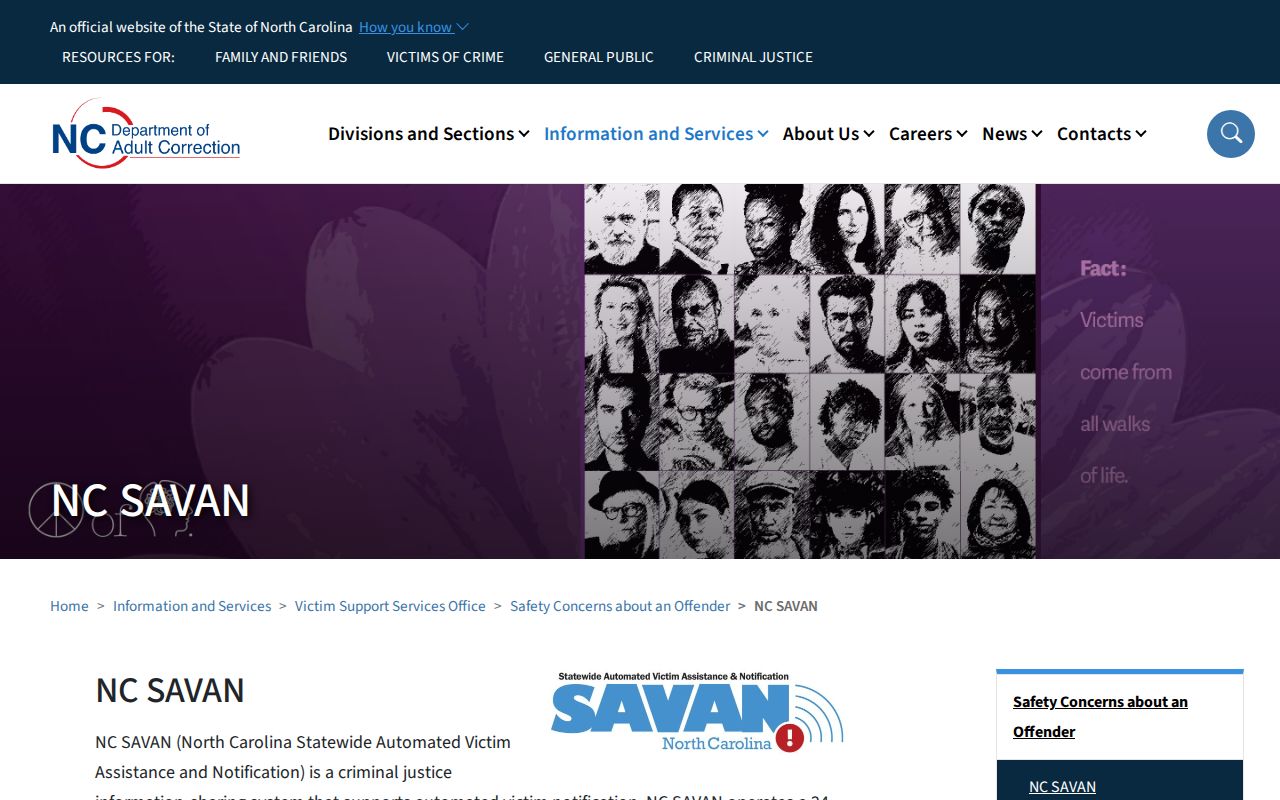 Official North Carolina SAVAN victim notification service page
