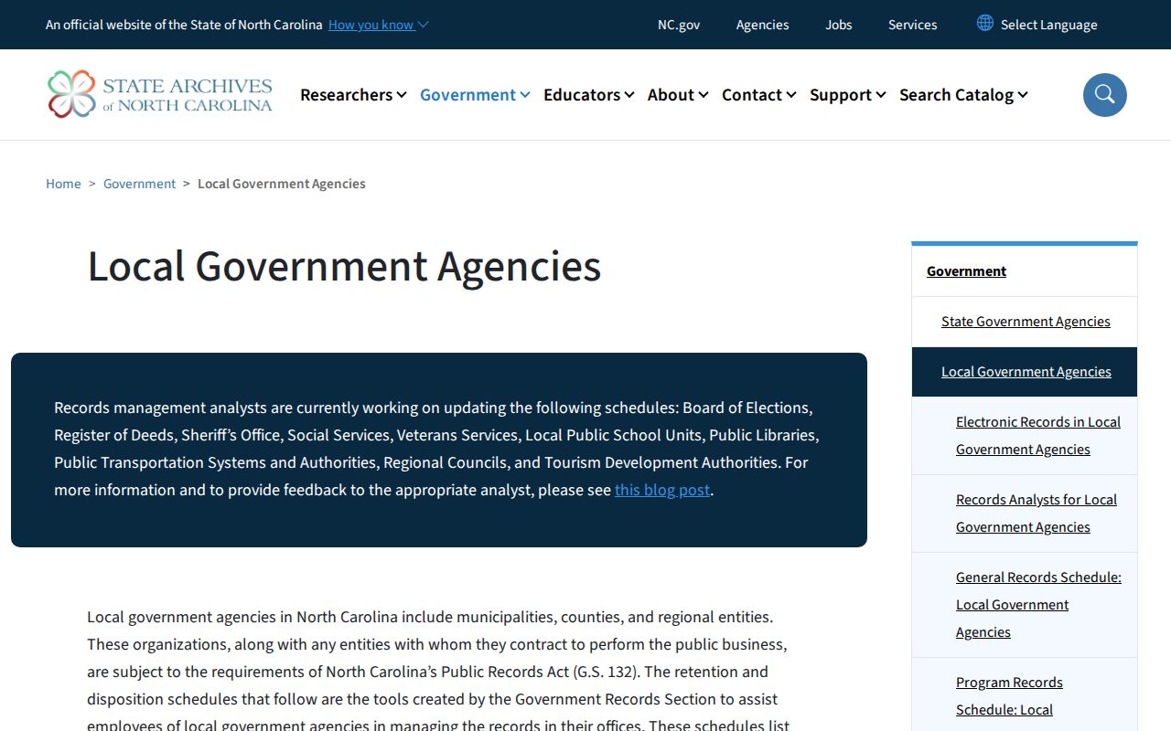 State Archives of North Carolina local government records guidance